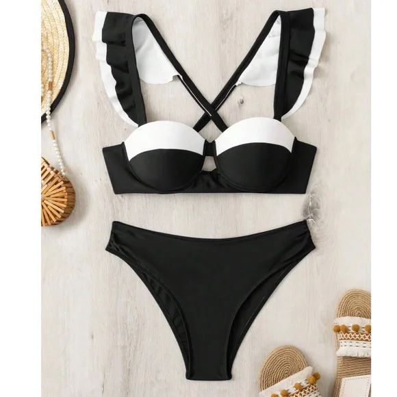 Color Block Ruffle Detail Padded beach Bikini